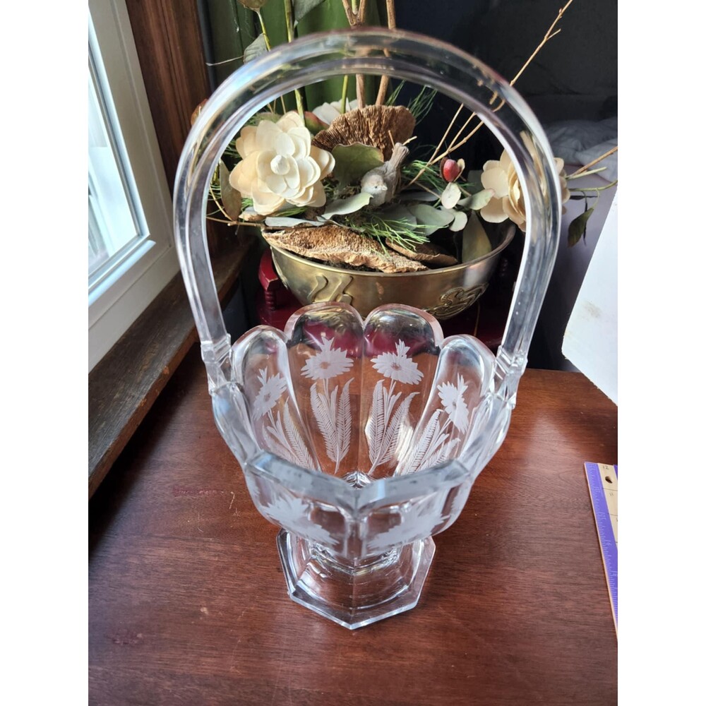 Antique Heisey Crystal Basket | 13" tall Heavy glass floral etching |